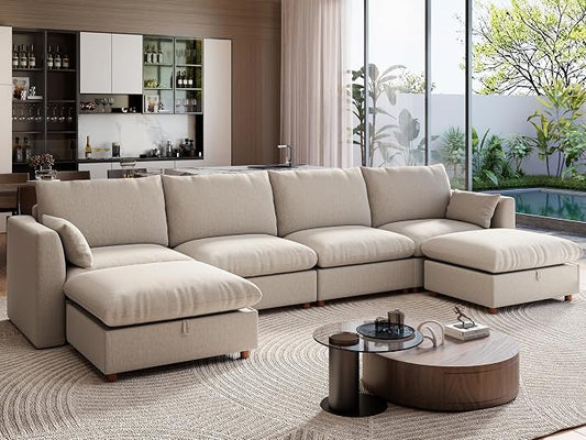 Ihanherry 152" Oversized Modular Sectional Sofa, Modern U Shaped Cloud Couch with 2 Storage Ottoman, 6-Seat Comfy Chenille Deep Seat Sofa with 2 Pillows for Living Room, Khaki
