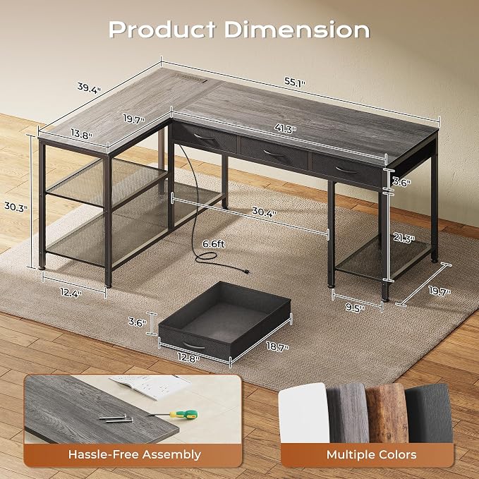 PRAISUN 55 Inch L Shaped Office Desk with Power Outlets and Type-C Port, Large Computer Gaming Desk with 3 Fabric Drawers, Mesh Shelves, Corner Study Work Writing Desk, Grey