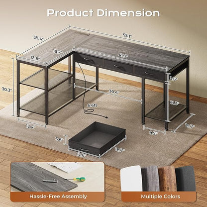 PRAISUN 55 Inch L Shaped Office Desk with Power Outlets and Type-C Port, Large Computer Gaming Desk with 3 Fabric Drawers, Mesh Shelves, Corner Study Work Writing Desk, Grey