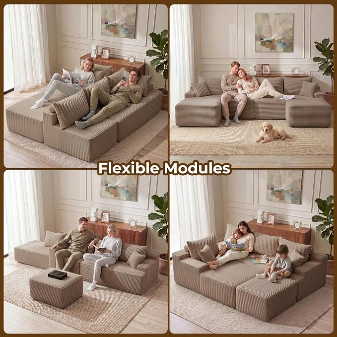 Mangodan 118'' Cloud Sectional Couch, U Shaped Boneless Couches for Living Room, Modular Sectional Sofa with Deep Seat Light Facing Chaise, Comfy Cloud Couch Sofa, Camel