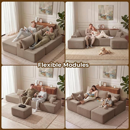 Mangodan 118'' Cloud Sectional Couch, U Shaped Boneless Couches for Living Room, Modular Sectional Sofa with Deep Seat Light Facing Chaise, Comfy Cloud Couch Sofa, Camel