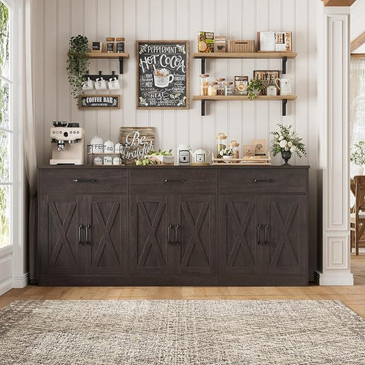 HOSTACK 71" Large Sideboard Buffet Cabinet with Storage, Farmhouse Coffee Bar Cabinet with 3 Drawers, Long Kitchen Buffet Table, Kitchen Sideboard Storage Cabinet for Dining, Living Room, Dark Brown