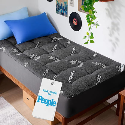 BEDLORE Twin XL Mattress Topper Viscose Derived from Bamboo, Thick Pillow Top Mattress Pad with Deep Pockets for 6-15 inches Mattress, Soft Mattress Topper College Dorm Size for Back Pain(Dark Gray)
