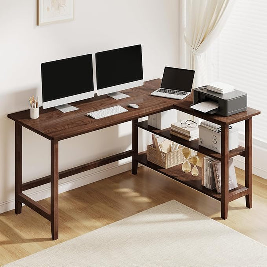 IOTXY Reversible L-Shaped Office Desk - 53" Modern Corner Computer Table with Storage Shelves, Solid Wood Legs, Home Writing & Study Workstation, Walnut