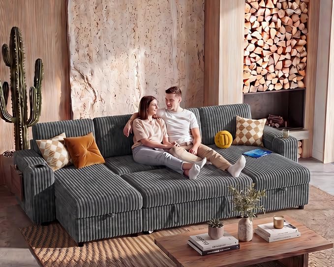 WEUP 108" Modular Sectional Sleeper Sofa with Pull Out Bed, 4 Seat Plush Corduroy U Shaped Couch with USB Ports|Cup Holders|Side Table|Storage Chaise Armrests, Tool Free Assembly, Grey