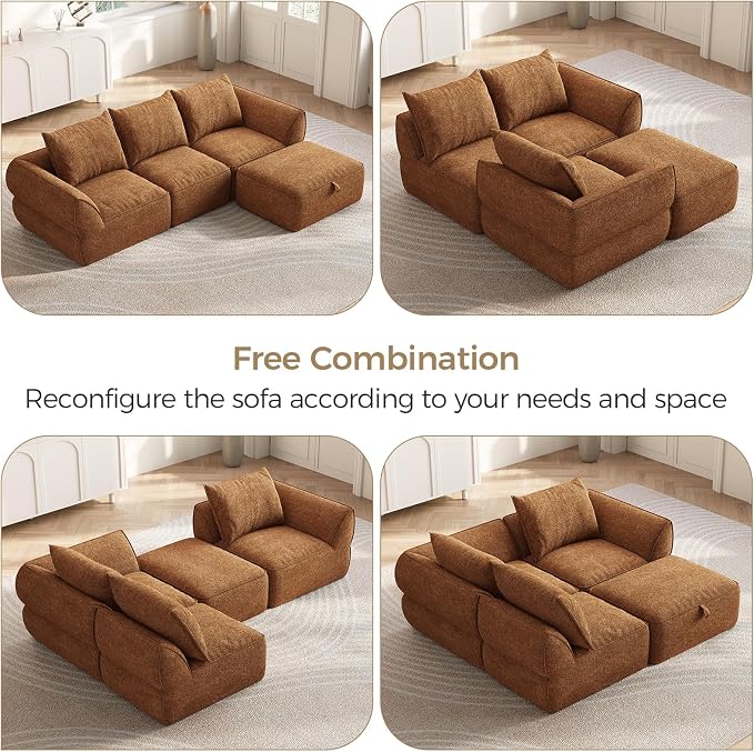 104" Modular Sectional Sofa with Deep Seat, Comfortable Upholstery L Shaped Cloud Couch for Living Room, 3-Seater Boneless Sofa with Movable Ottomans, Removable Cover, No Assembly Required, Orange