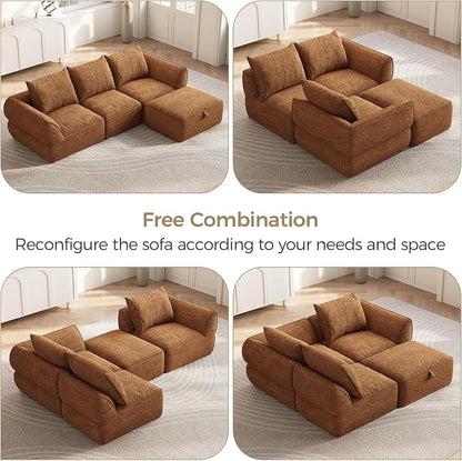 104" Modular Sectional Sofa with Deep Seat, Comfortable Upholstery L Shaped Cloud Couch for Living Room, 3-Seater Boneless Sofa with Movable Ottomans, Removable Cover, No Assembly Required, Orange