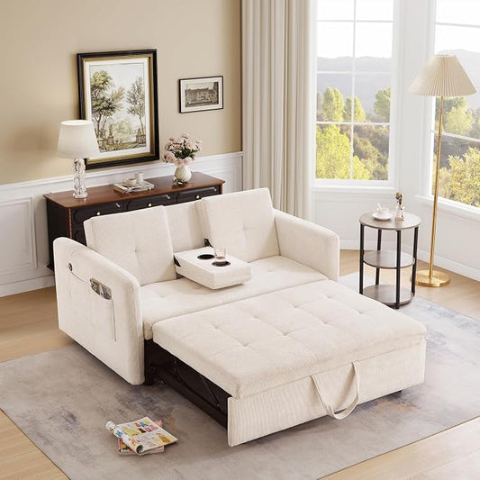 57.48" Convertible Sofa Bed with Cup Holder, Pull Out Sleeper Sofa Bed with USB Charging Ports, 3 in 1 Convertible Sleeper Sofa Bed for Living Room, Apartment, Bedroom, RV, Beige