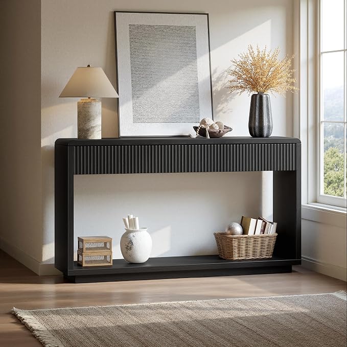Evermagin 59'' Charcoal Black Entryway Table with Drawers, Fluted Console Table, Mid Century Modern Sofa Table with Storage for Living Room, Entrance, Hallway