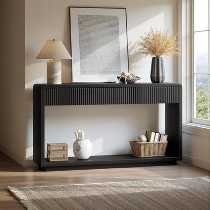 Evermagin 59'' Charcoal Black Entryway Table with Drawers, Fluted Console Table, Mid Century Modern Sofa Table with Storage for Living Room, Entrance, Hallway