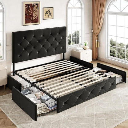 Allewie Upholstered Full Size Platform Bed Frame with 4 Storage Drawers and Adjustable Headboard, Diamond Button Tufted, Wooden Slats Support, Noise-Free, No Box Spring Needed, Easy Assembly, Black