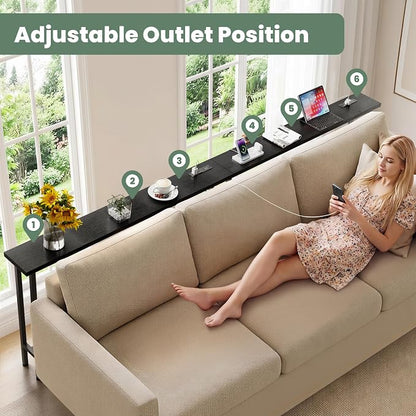 GRLEAF 90" Sofa Table with Built-in Power Strip (4 AC Outlets & 4 USB Ports) – 4.9ft Power Cord, Metal Frame, Easy Assembly, Long Couch Table Behind Sofa, Living Room and Home Office | Black