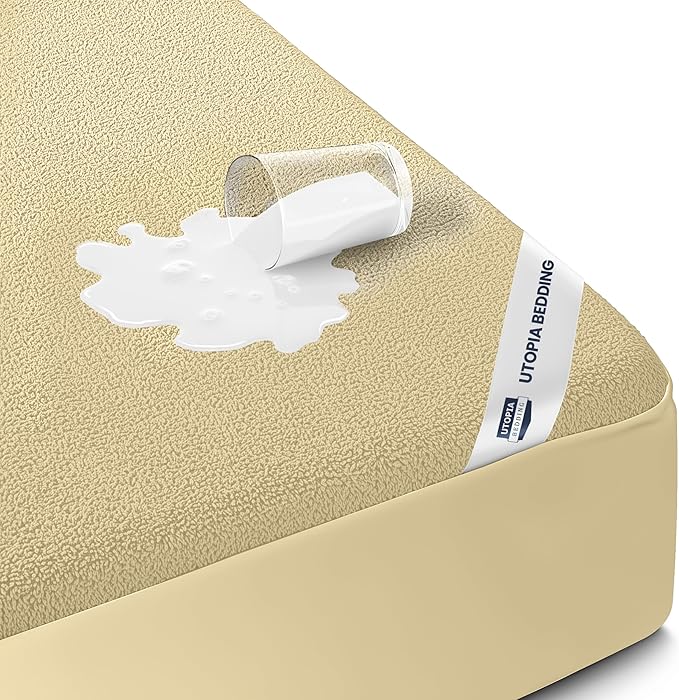 Twin Size Mattress Protector Waterproof, Premium 200 GSM Terry Mattress Cover, Soft & Breathable Bed Cover, Fitted Sheet Style Stretchable Deep Pockets 15" by Utopia Bedding (Beige)