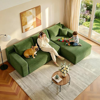 JINGLING 94" L Shape Couch with Right Chaise, Memory Foam Boneless Sectional Sofa in a Box, No Assembly Modular Small Couches for Small Spaces, Living Room, Apartments, Plush Corduroy, Green