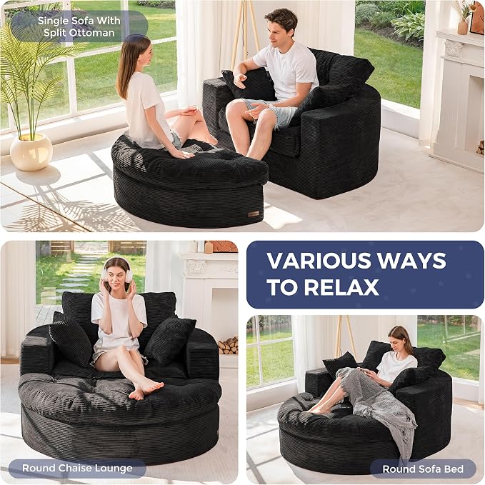 MAXYOYO L Shape Sectional Sofa Couch and Round Chaise Lounge, Modern Cloud Couch with Ottoman, Comfy Sofa with Layered Cushion, Tufted Upholstered Chair for Living Room, No Assembly Required