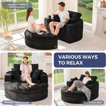 MAXYOYO L Shape Sectional Sofa Couch and Round Chaise Lounge, Modern Cloud Couch with Ottoman, Comfy Sofa with Layered Cushion, Tufted Upholstered Chair for Living Room, No Assembly Required