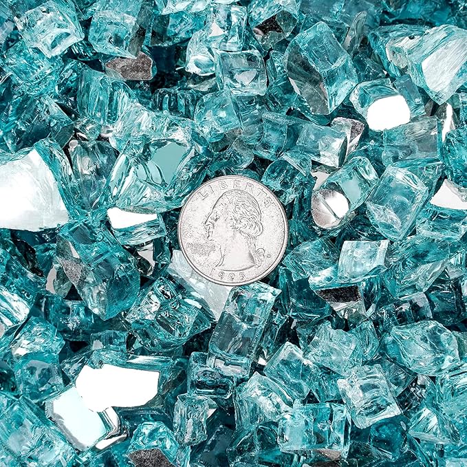 Onlyfire 10 lbs Fire Glass Rocks 1/2 Inch, Reflective Tempered Glass for Propane Fire Pit & Gas Fireplace, High Luster Firepit Glass Stones for Fire Table, Aqua Blue (Multicolor Options Available)