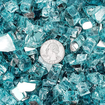 Onlyfire 10 lbs Fire Glass Rocks 1/2 Inch, Reflective Tempered Glass for Propane Fire Pit & Gas Fireplace, High Luster Firepit Glass Stones for Fire Table, Aqua Blue (Multicolor Options Available)