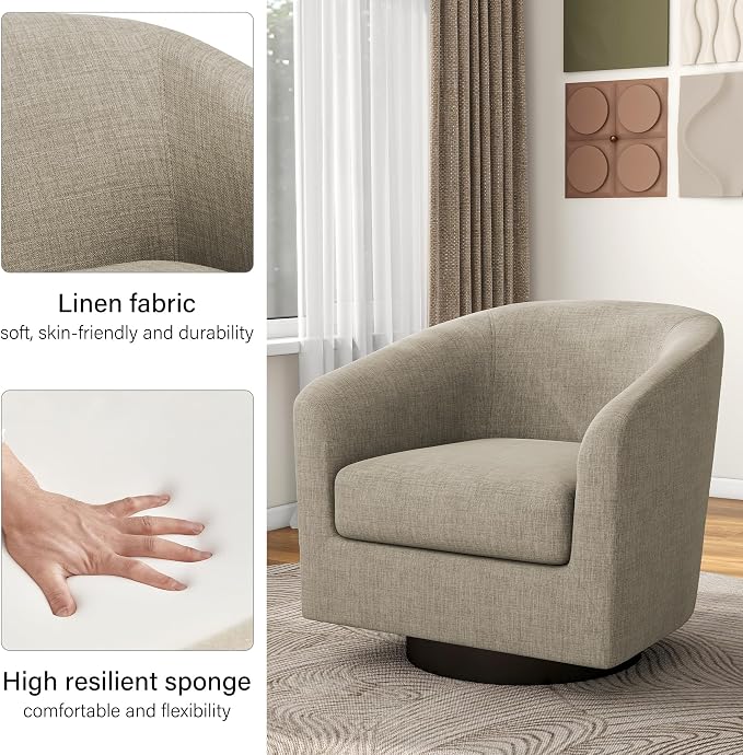 Swivel Barrel Accent Chair, Modern Round Linen Arm Chair for Living Room, Bedroom, Comfy Club Reading Chairs for Adults（Linen Fabric, Light Brown, Set of 2