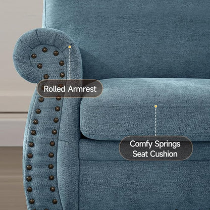 ONBRILL Nailhead Sofa, 66 Inch Small Couch with Rolled Arms, Chenille Fabric Loveseat w/Springs Seat Cushion, Vintage Curved Back, Turned Wood Legs, Comfy Couch for Living Room, Farmhouse, Teal