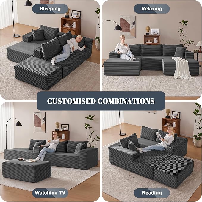 Mangodan 110” Cloud Sectional Couch, Modular Sectional Sofa with Deep Seat, Boneless Sofa for Living Room, Fluffy Comfy U-Shaped Couch with Left Facing Chaise, No Assembly Required, Grey