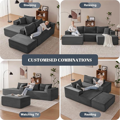 Mangodan 110” Cloud Sectional Couch, Modular Sectional Sofa with Deep Seat, Boneless Sofa for Living Room, Fluffy Comfy U-Shaped Couch with Left Facing Chaise, No Assembly Required, Grey
