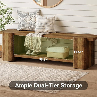 LITTLE TREE Entryway Bench, 63" Long Bench with Storage Shelf, Farmhouse End of Bed Bench, Bench for Bedroom, Dining Room, Living Room, Entryway, Hallway, Reinforced Legs, Brown
