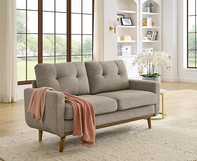 Ball & Cast 67.7" Loveseat Sofa,Mid Century Modern Love Seat Couches for Living Room,Button Tufted Upholstered Small Couch with Solid Wood Legs for Bedroom,Apartment,Office,Easy Assembly,Camel