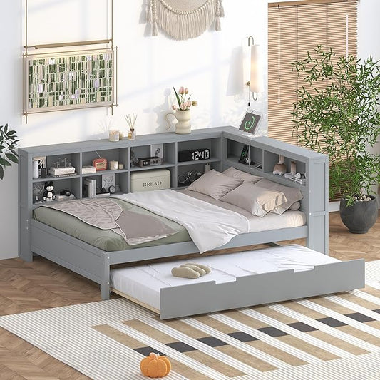 Bellemave Full Corner Bed Frame with Trundle, Wood Full Size Daybed with L-Shaped Bookcase，Daybed with Storage Cabinets, Gray
