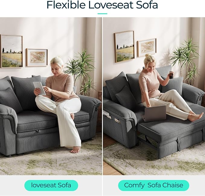 LINSY HOME Sectional Loveseat Sofa with Pull Out Chaise (Gray, 62.5'') | USB Charging