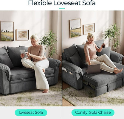 LINSY HOME Sectional Loveseat Sofa with Pull Out Chaise (Gray, 62.5'') | USB Charging