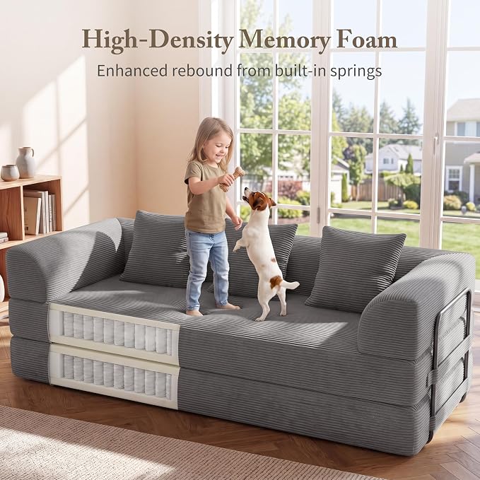 89" Cloud Boneless Convertible Sofa Bed, 5-in-1 Foldable Compressed High-Density Sponge Sofa, Corduroy Fabric 3 Seater Sleeper Couch Futon Daybed for Living Room Bedroom (Gray) | 5-in-1 Foldable