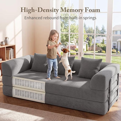 89" Cloud Boneless Convertible Sofa Bed, 5-in-1 Foldable Compressed High-Density Sponge Sofa, Corduroy Fabric 3 Seater Sleeper Couch Futon Daybed for Living Room Bedroom (Gray) | 5-in-1 Foldable