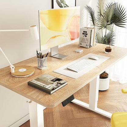 Cubiker Standing Desk, 55x24 Inches Sit Stand Home Office Desk, Electric Stand up Desk, Adjustable Desk with Splice Board, White Frame/Maple Top