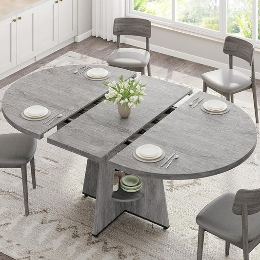 Extendable Dining Table, Round Kitchen Dining Room Dinner Table with for 4 6 8 People, Space Saving Modern Oval Expandale Furniture with Storage and Pedestal for Kitchen Living Room (Grey)