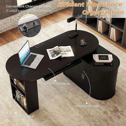HSH Black L Shaped Office Desk with Storage Cabinet for Home Oak 60 Inch | Executive Woood Fluted Computer Desk with Keyboard Tray and Open Shelves Modern Reversible Mcm Large Swivel Table
