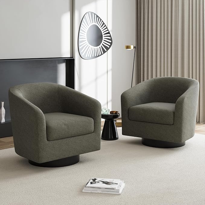 Swivel Accent Chairs Set of 4, Chenille Barrel Chair Upholstered Armchair for Living Room, Modern Round Arm Chair Small Single Sofa Bedroom Reading Seat - Tan