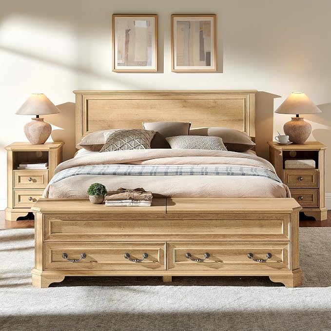 T4TREAM Farmhouse Queen Bed with Headboard and Storage Bench, Rustic Wood Platform Bed with 64" Storage Chest w/ 4 Large Drawer (Natural Oak)