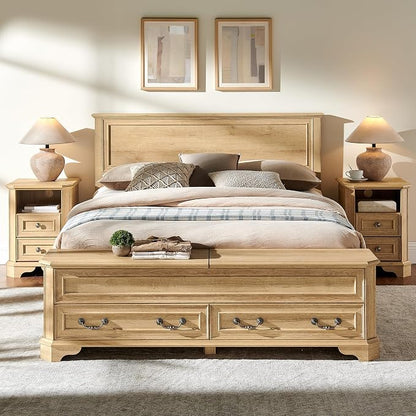 T4TREAM Farmhouse Queen Bed with Headboard and Storage Bench, Rustic Wood Platform Bed with 64" Storage Chest w/ 4 Large Drawer (Natural Oak)