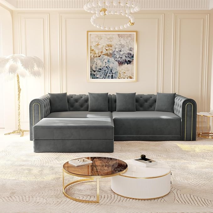 90.6'' Velvet Folding Floor Sofa Bed - 3-in-1 Convertible Sleeper Couch with Ottoman, Button Tufted Chesterfield Sofa, Pull-Out King Size Couch Bed for Apartments, Living Room, Dark Grey | 3-in-1 Convertible