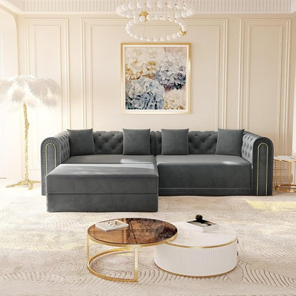 90.6'' Velvet Folding Floor Sofa Bed - 3-in-1 Convertible Sleeper Couch with Ottoman, Button Tufted Chesterfield Sofa, Pull-Out King Size Couch Bed for Apartments, Living Room, Dark Grey | 3-in-1 Convertible