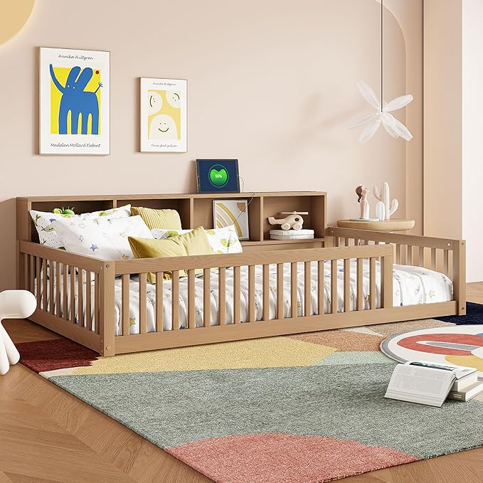Bellemave Kids Montessori Floor Bed Twin XL Size,Floor Bed Frame with Bookcase and Charging Station for Kids Boys Girls
