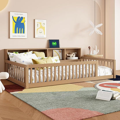 Bellemave Kids Montessori Floor Bed Twin XL Size,Floor Bed Frame with Bookcase and Charging Station for Kids Boys Girls