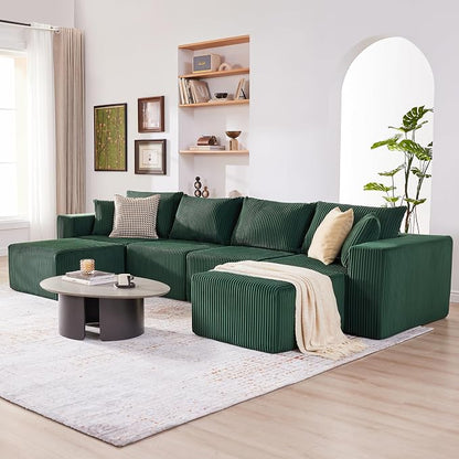 Weture 135.4" Cloud Couch Sectional, Modular Sectional Sofa with Deep Seat, Plush Corduroy U Shaped Boneless Couch, Convertible Sectional Couches for Living Room, 6Seat, Green