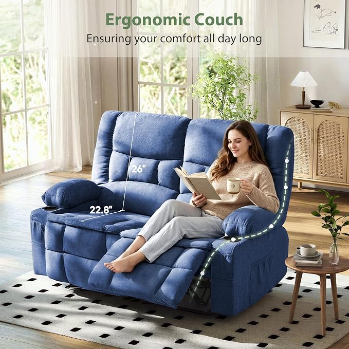 Loveseat Recliner Sofa, Wall Hugger Reclining Loveseat with Cup Holders & Storage Pockets, 150° Adjustable RV Couch, Traditional 2-Seat Reclining Couch for Living Room, RV, Home Theater, Blue