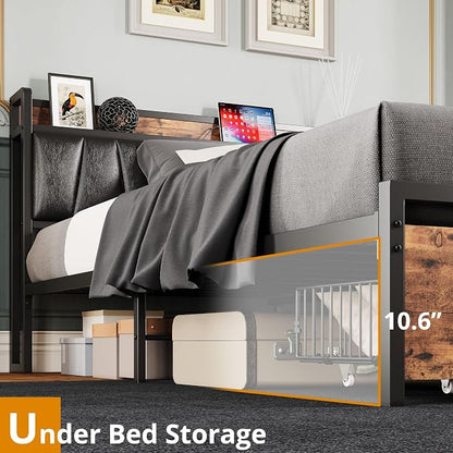 LIKIMIO California King Size Bed Frame with 2 Drawers and Charging Station | Platform Bed with Upholstered Storage Headboard, No Box Spring Needed, Easy Assembly, Sturdy, Vintage Brown and Black