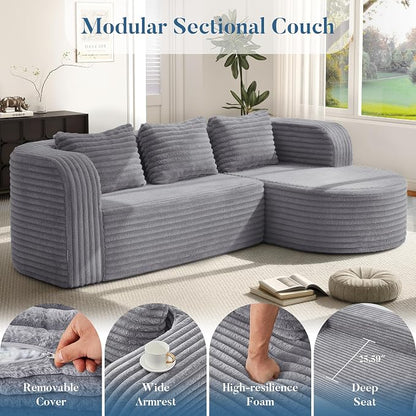 Hobestluk Modular Sectional Sofa Couches L-Shape Couch 3 Seat Modular Sofa Memory Foam Sectional Couches for Living Room, Cloud Couch (Round Lightgrey, 96", Right Hand Facing)
