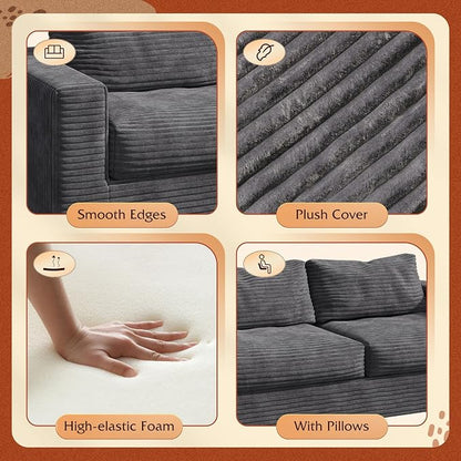 WLIVE 64'' Boneless Loveseat, Couches for Living Room, Bean Bag Couch for Adults, with Pillows, Giant Floor Couch, Plush Sofa, Grey, Loveseat