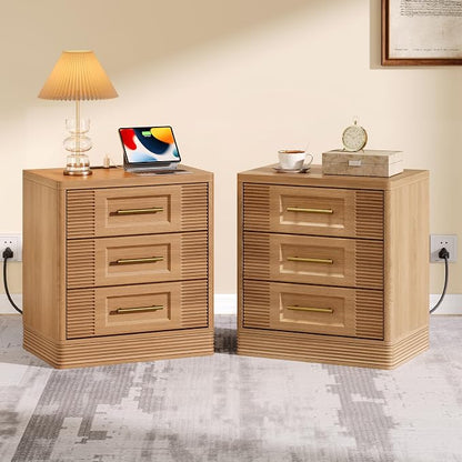 RECHHX 3 Drawer Dresser for Bedroom, 25.6" Tall Nightstand with Charging Station, Farmhouse 23.6" Wide End Table, Thermoformed Curved Small Chest of Drawers for Bedroom, Living Room, Nature Oak