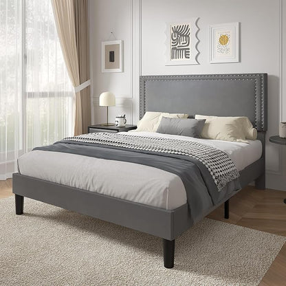 VECELO Queen Size Platform Bed Frame with Height Adjustable Upholstered Headboard, Modern Mattress Foundation,Strong Wood Slat Support, No Box Spring Needed, Easy Assembly,Dark Grey